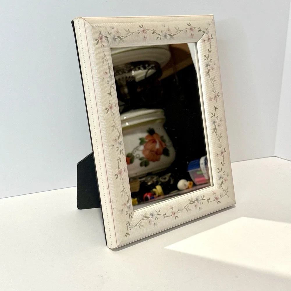 Vintage Vanity Tabletop Framed Mirror 9x7 Floral Padded Granny Core Shabby Chic